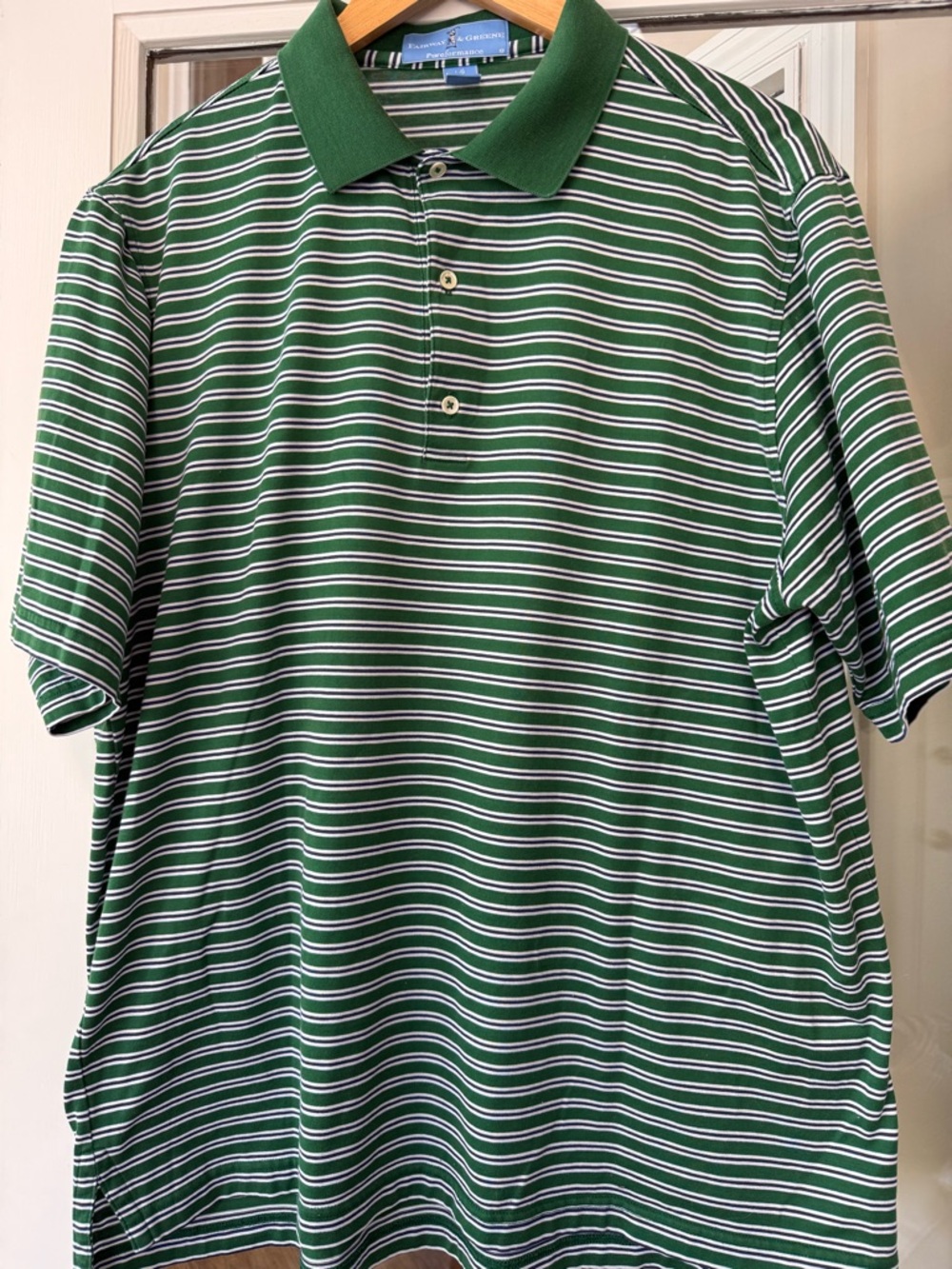 Fairway & Greene Performance Green, Navy and White Striped Polo in GUC! See pics